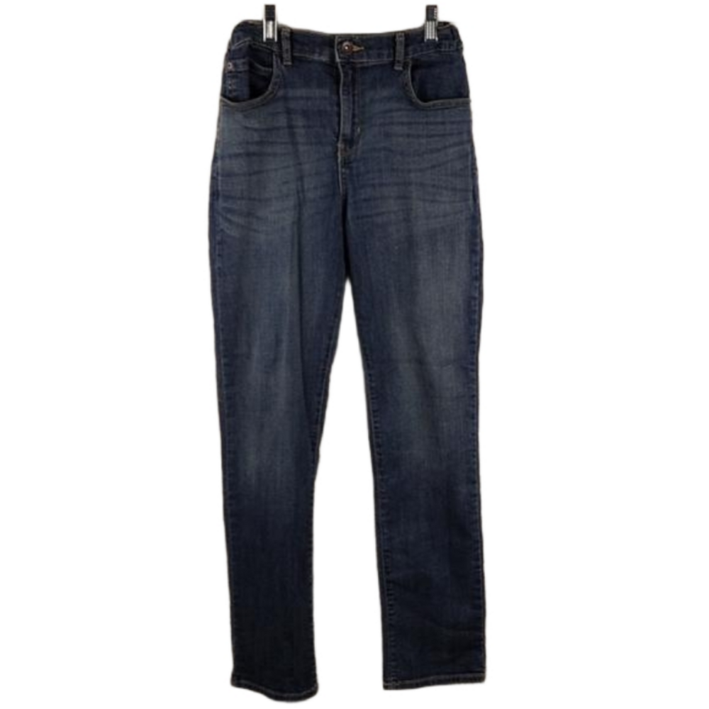 Place Stretch Blue Dark Wash Whiskering Five Pocket Mid Rise Straight Leg Jean